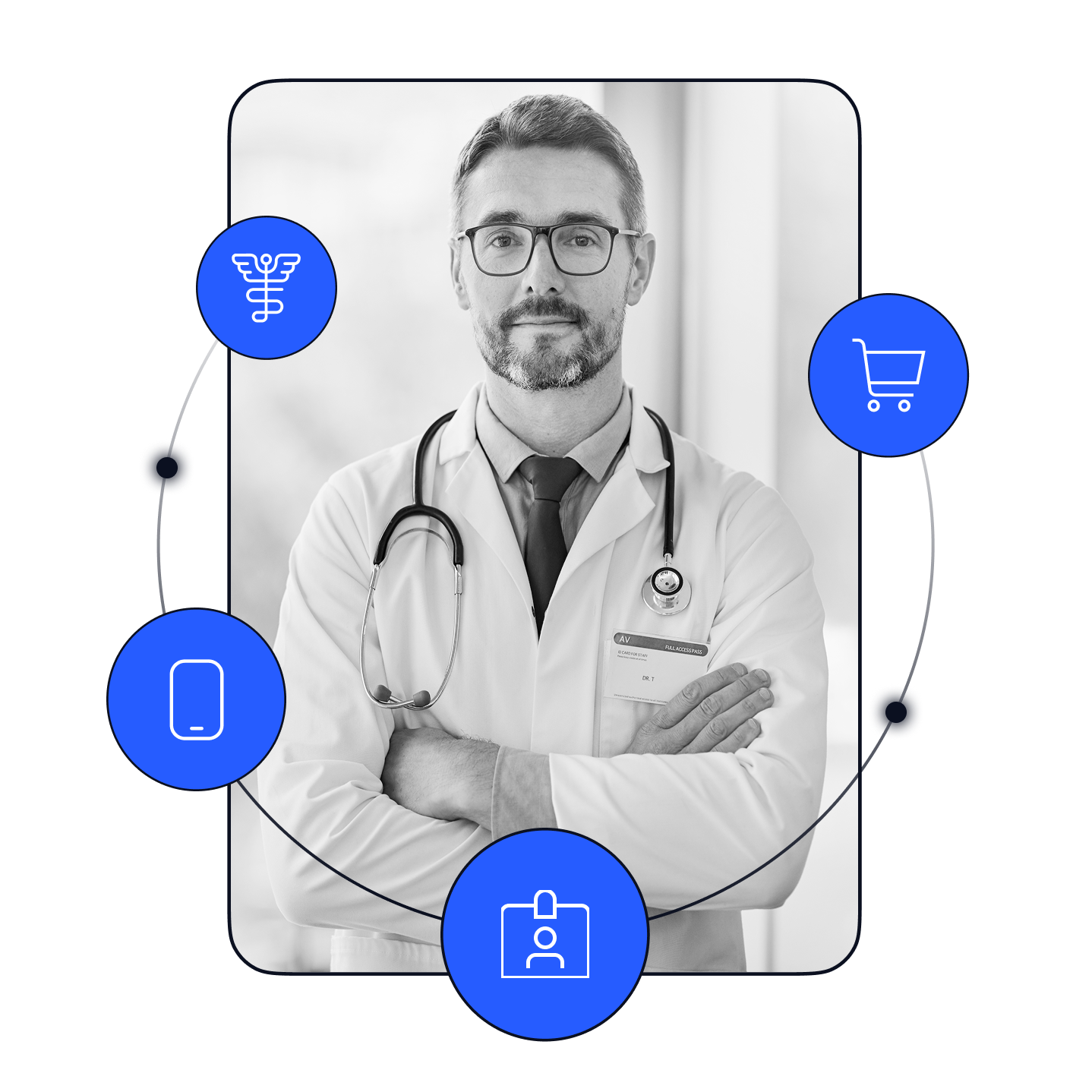 Black and white photo of a male doctor wearing glasses, a white coat, and a stethoscope around his neck, standing with arms crossed in a clinical setting.