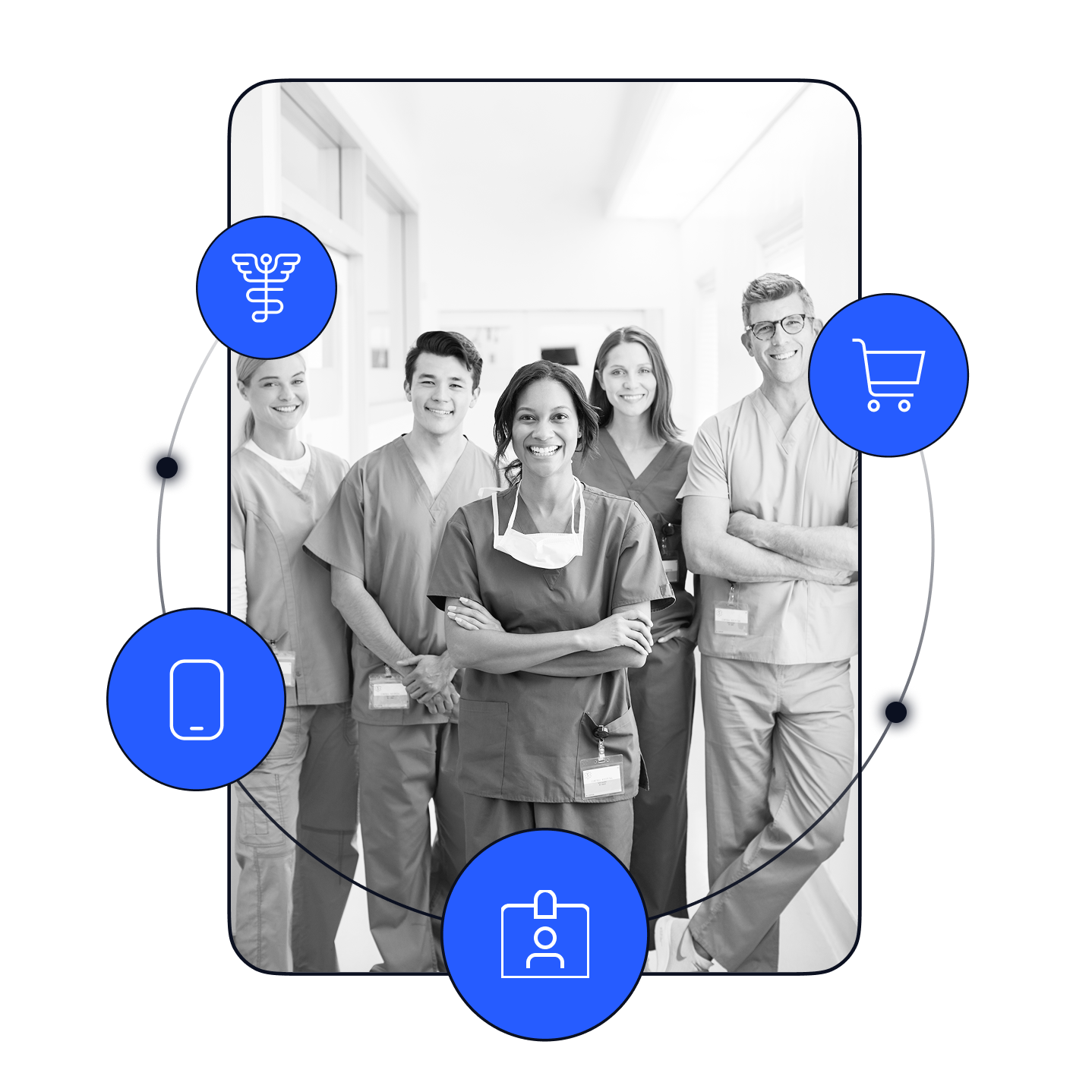 Group of healthcare professionals, including nurses and doctors, smiling in a medical setting. Surrounding icons represent healthcare, shopping, mobile communication, and user profile.