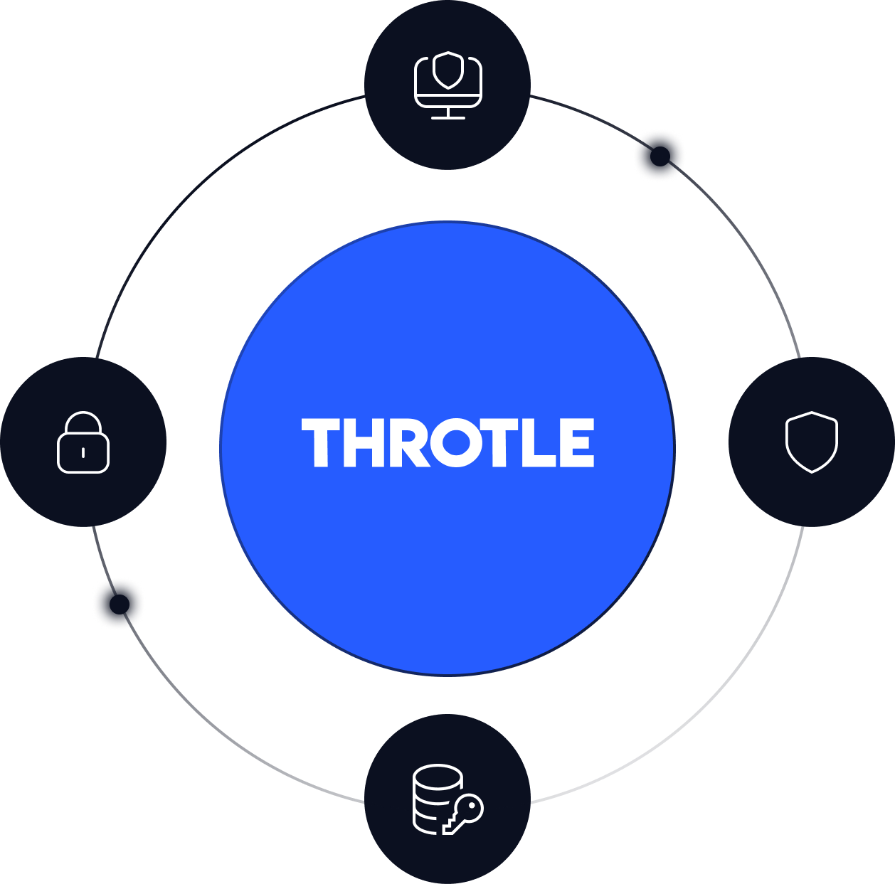 A digital illustration with a blue circle in the center labeled Throtle and five surrounding icons representing cybersecurity, computer security, data security, database security, and privacy.