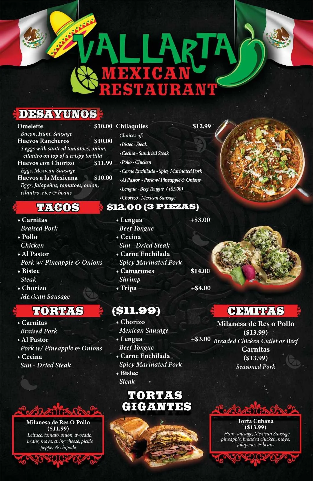 Menu for Vallarta Mexican Restaurant featuring Mexican dishes. Sections include Desayunos with options like omelette and huevos rancheros; Tacos with options like carnitas and pollo; Tortas featuring various meats; Chemits with options such as milanesa de res o pollo; and Chilaquiles with choice of meats. Visuals include a Mexican flag, sombrero, and food images.