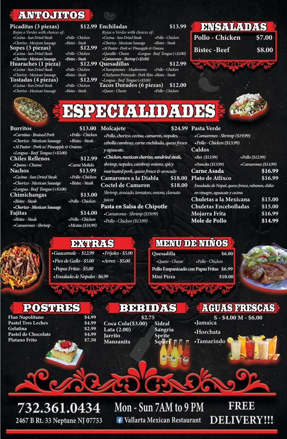 Vallarta Mexican Restaurant menu featuring Antojitos, Especialidades, Ensaladas, Extras, Menu de Niños, Postres, Bebidas, and Aguas Frescas. Items include burritos, enchiladas, nachos, fajitas, tacos, molcajete, pasta, and drinks like Coca Cola and Jarritos. Open Mon-Sun 7AM-9PM with free delivery.
