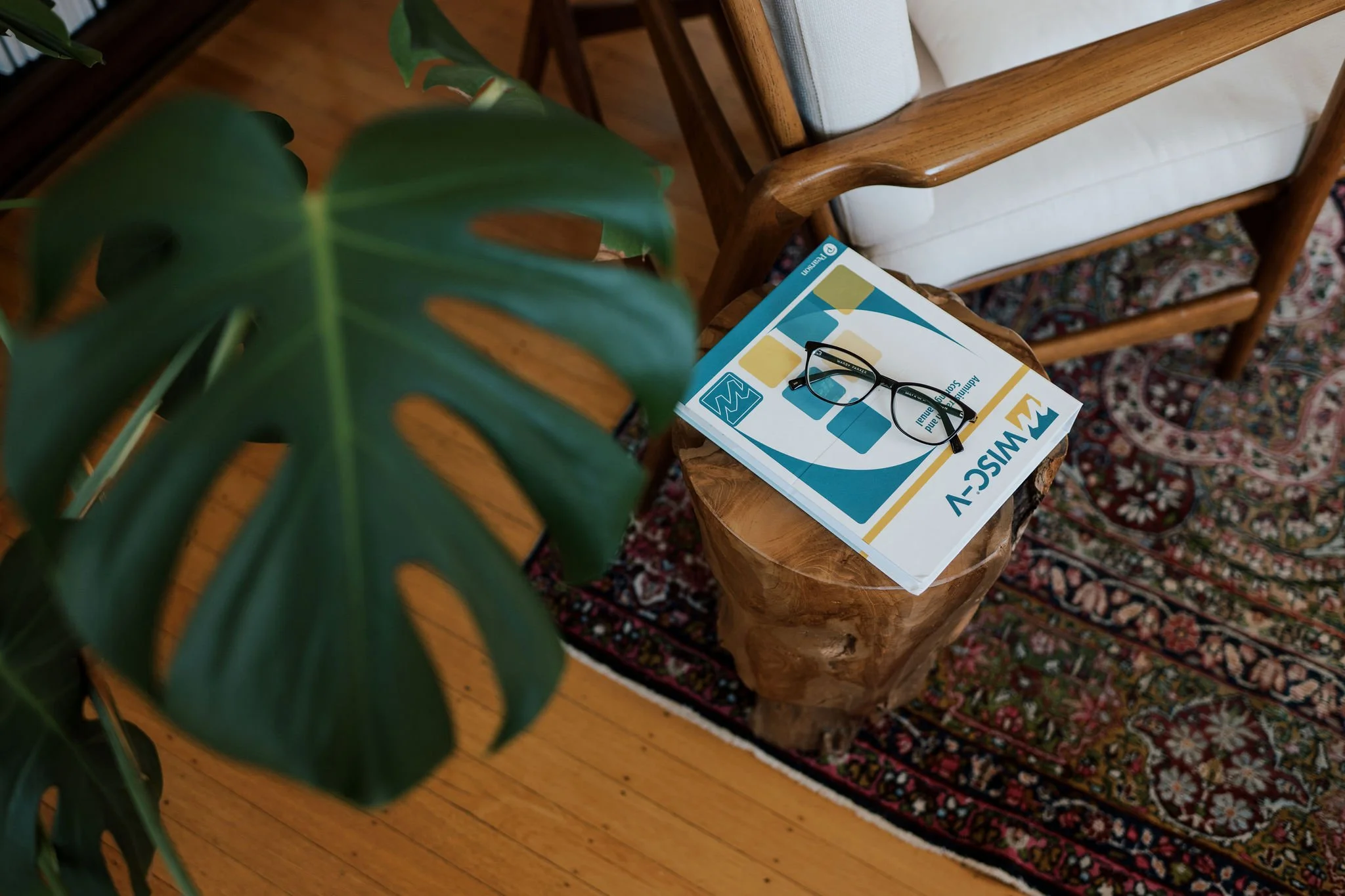 A pair of black eyeglasses resting on a newspaper on a small wooden table, with a large green plant in the foreground and wooden chairs and a patterned rug in the background.