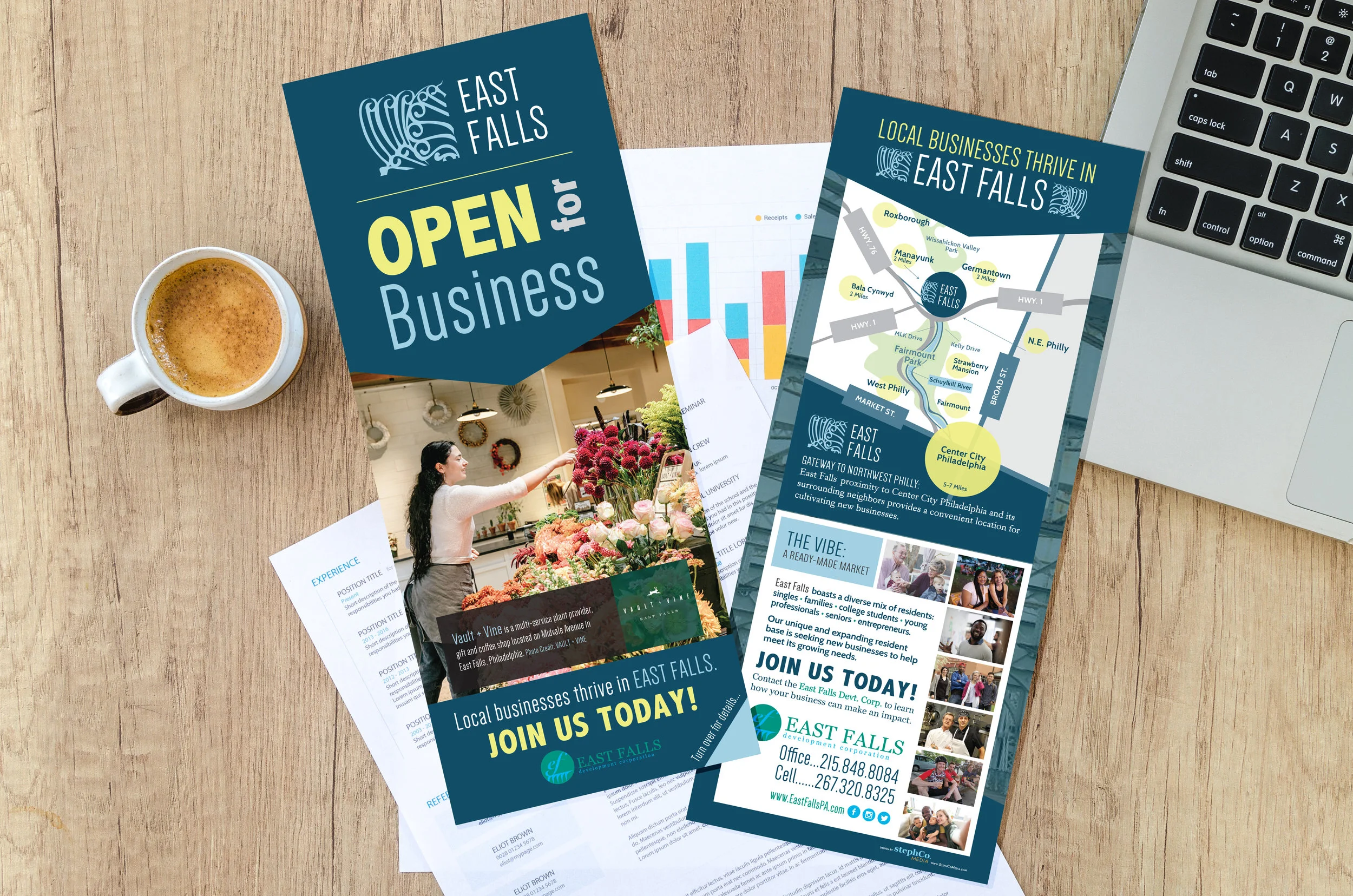 Pictured Above: Rack card design for East Falls Developement Corp.&nbsp;designed by StephCoMedia.
