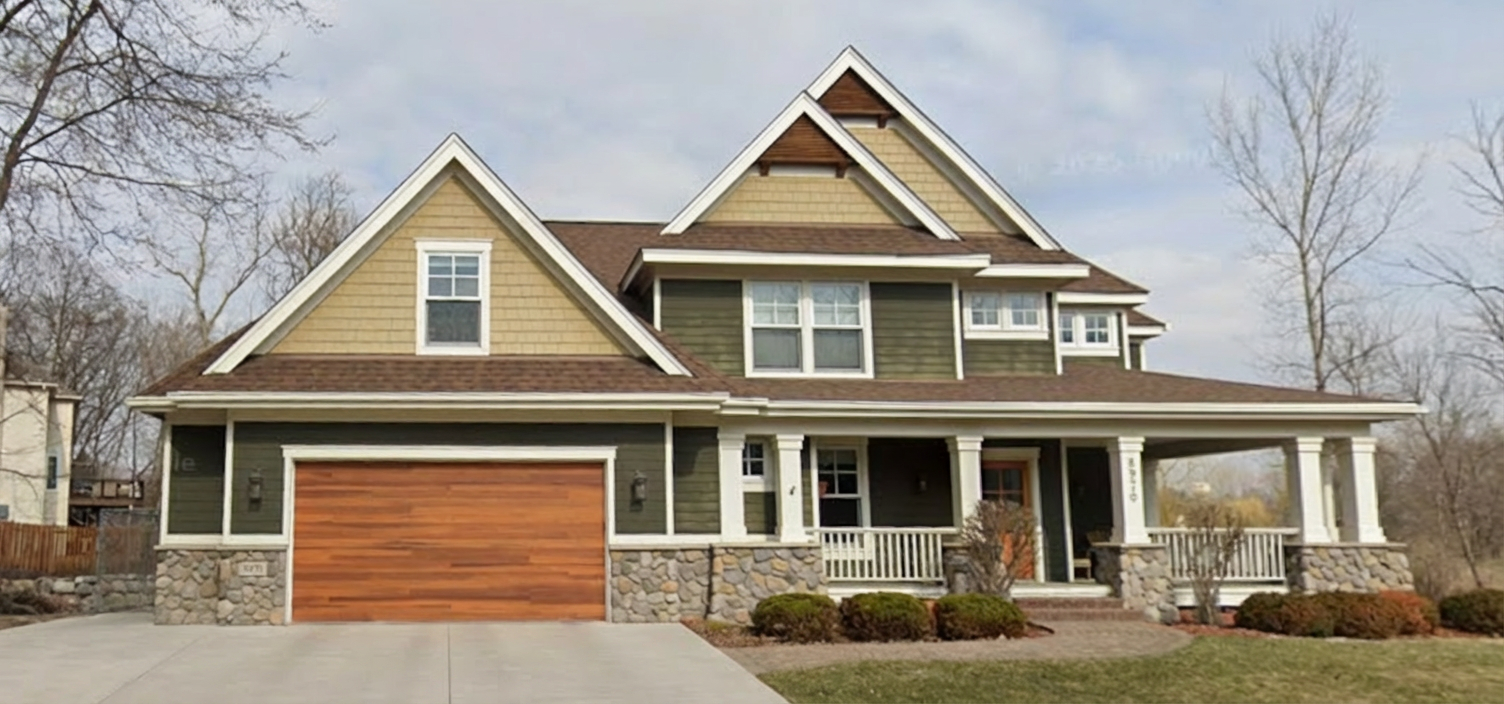 A two-story house with a large front porch supported by white columns, a stone foundation, and a brown garage door. The house has beige, green, and brown siding with a gabled roof and surrounding trees.