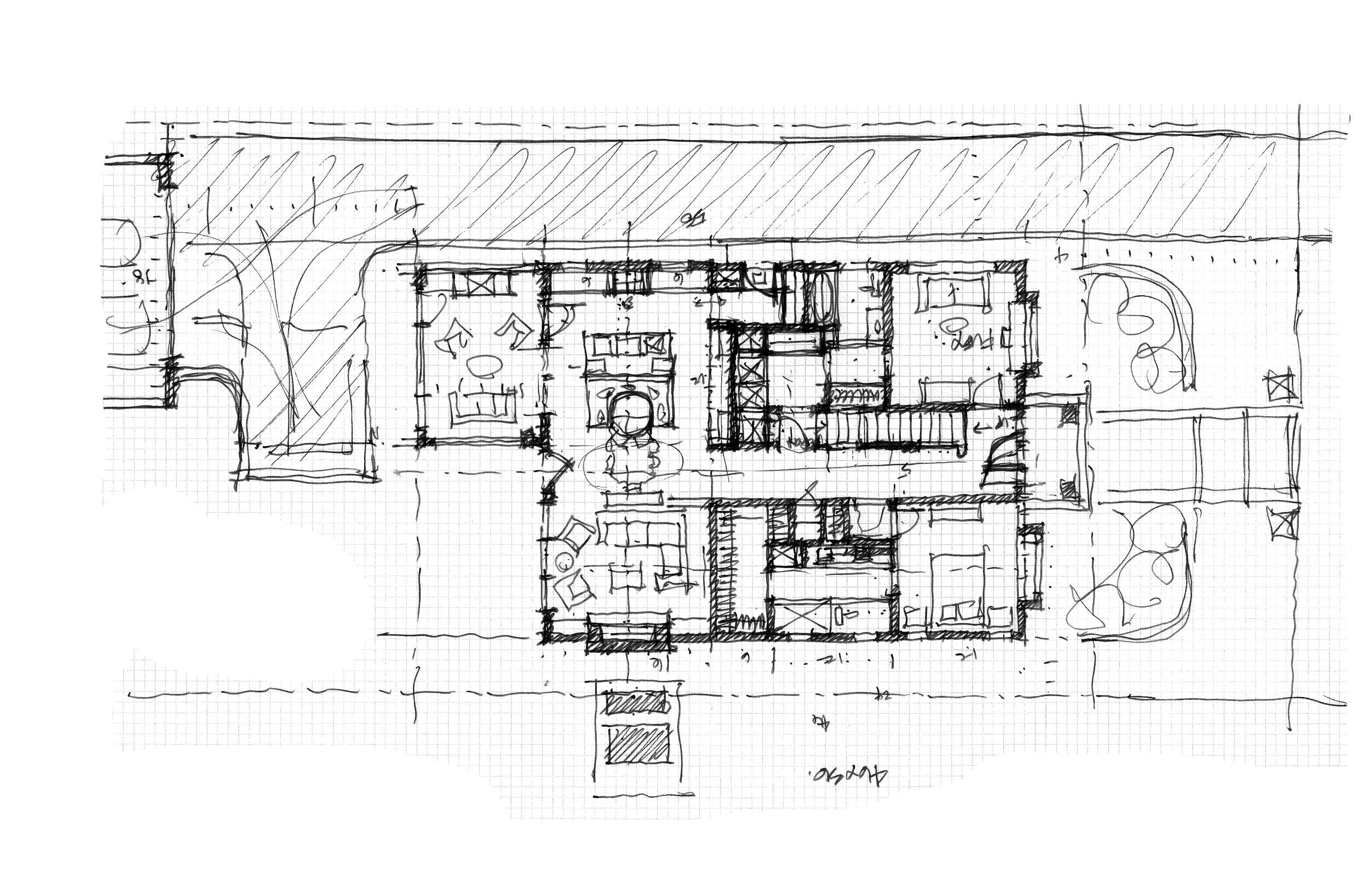 Sketch of a house floor plan on graph paper with various rooms and outdoor landscaping.