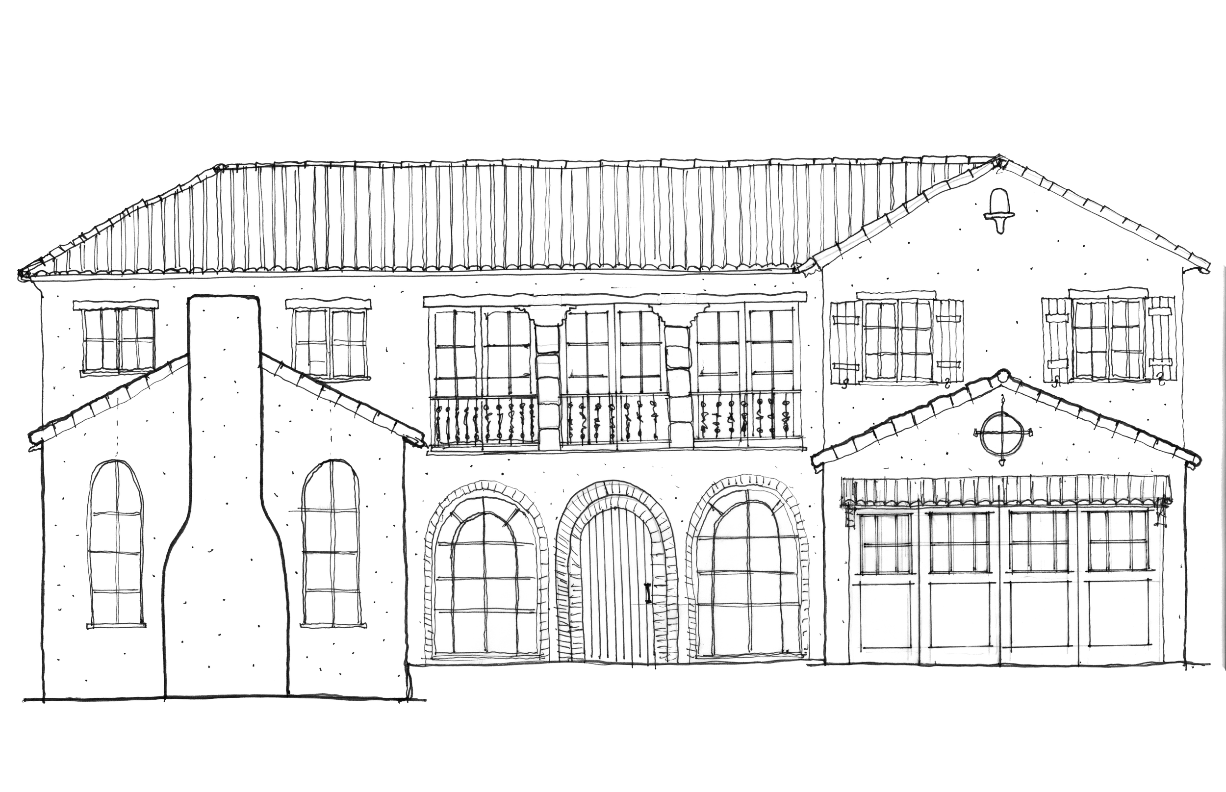 Architectural elevation drawing of a Spanish Colonial Revival residence by Saadat Architects — arched windows, clay tile roof, wrought iron balcony railings, and a formal central entry, Los Angeles.