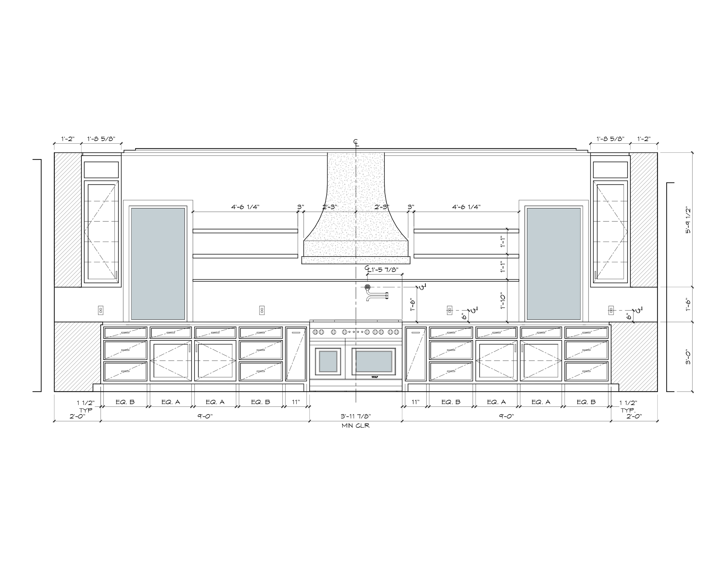 Architectural blueprint of a kitchen, showing measurements, cabinets, a range hood, and a stove.