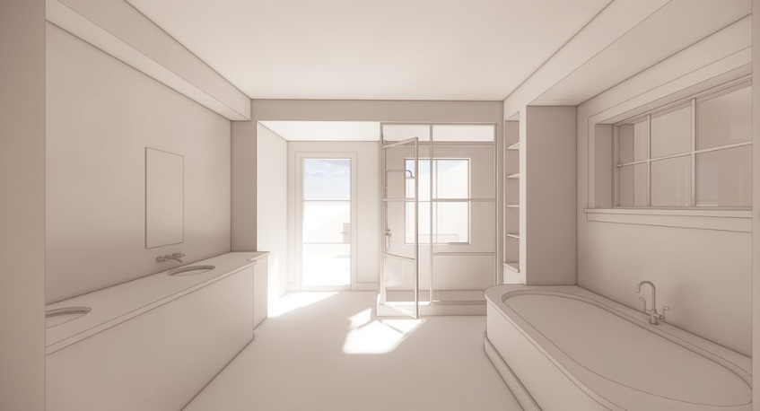 A minimalist bathroom with a bathtub, a double sink vanity, a mirror, and large windows letting in natural light.