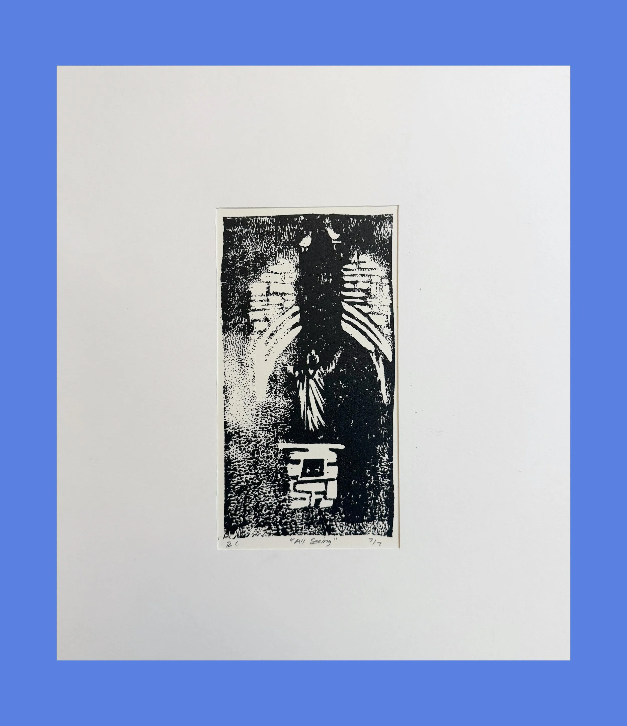 AllSeeing. Relief Print. 11.5x10&rdquo;. Edition of 7 

Message if interested! Each print is reflects a different processing weight making each one unique.

(One print measured at 8.5&rdquo;x8&rdquo;)