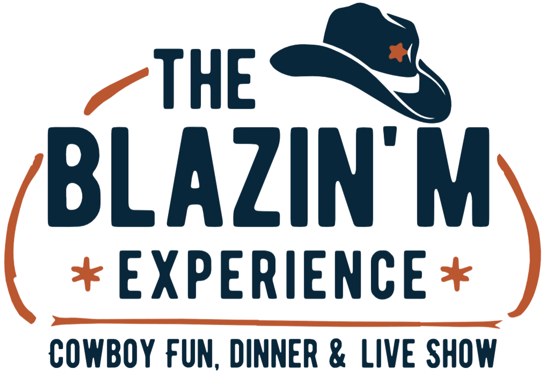Logo for The Blazin'M Experience, featuring a cowboy hat with a star badge, with the tagline 'Cowboy Fun, Dinner & Live Show.'