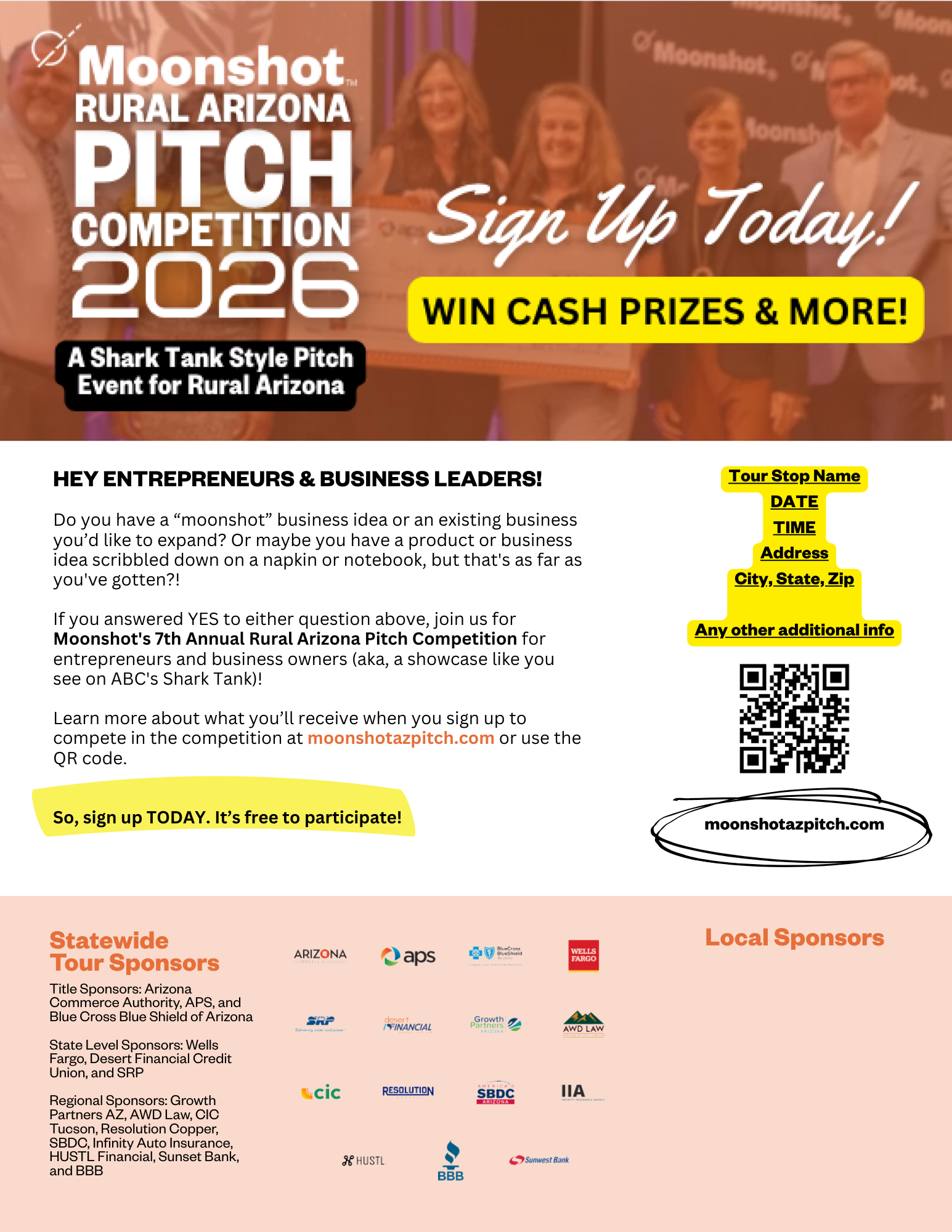 Poster promoting the Moonshot Rural Arizona Pitch Competition 2026, including details for sign-up, contest information, and sponsors.