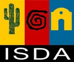Logo with three vertical stripes: green cactus on yellow, black spiral on red, yellow arch on blue, and the word 'ISDA' below in white on black background.