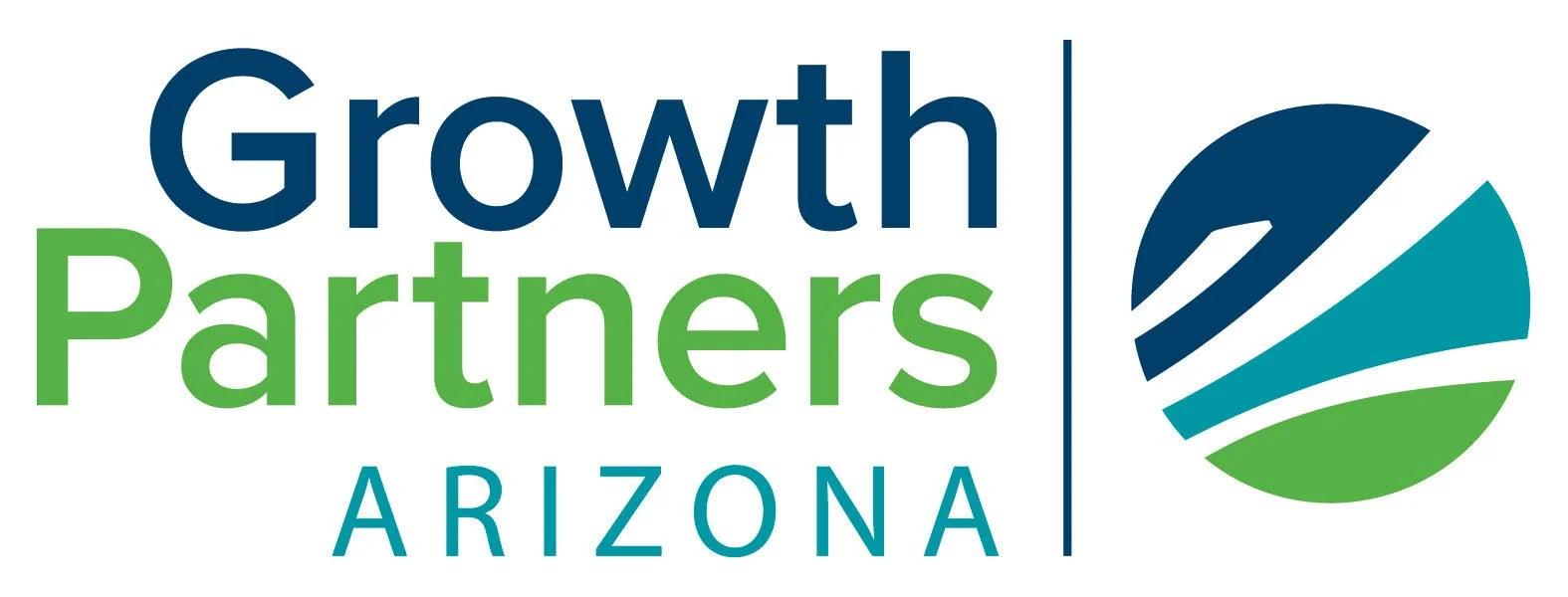 Logo for Growth Partners Arizona with stylized circular emblem featuring blue, teal, and green segments.