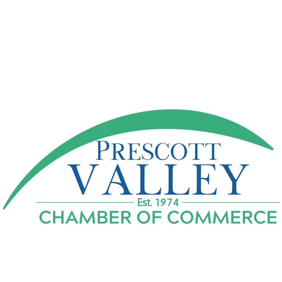 Logo of Prescott Valley Chamber of Commerce with a green and blue design, including the text "Prescott Valley Chamber of Commerce, Est. 1974."