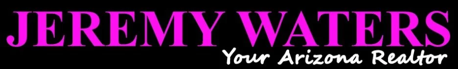 Graphic design featuring the name Jeremy Waters in large pink letters with a black background, and the phrase 'Your Arizona Realtor' in white script below.