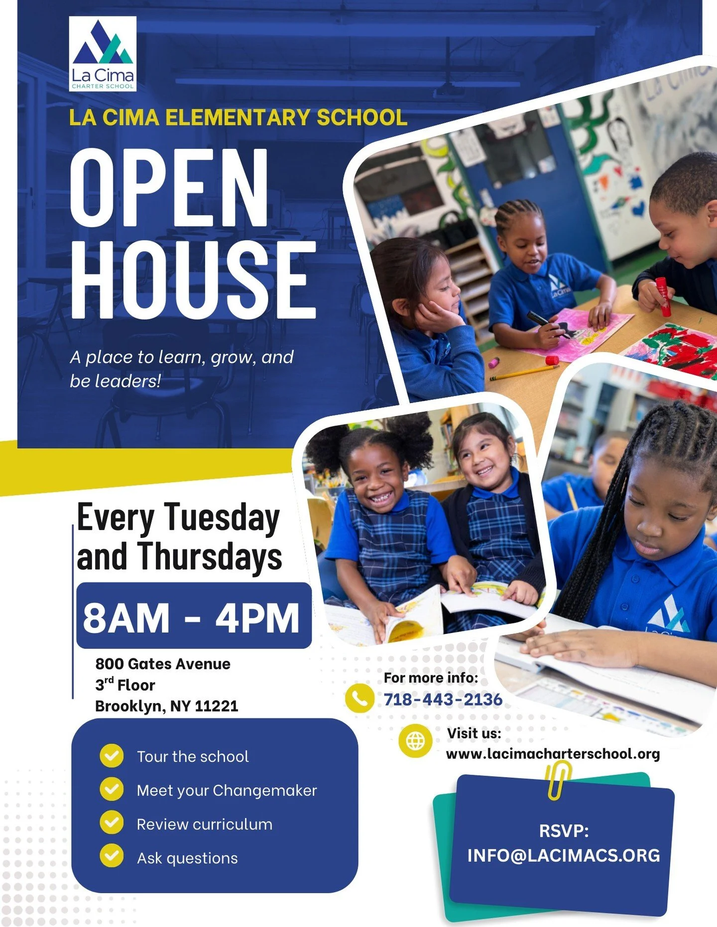 📣 Open House Alert!
Every Tuesday &amp; Thursday | 8:00 AM &ndash; 4:00 PM

La Cima Charter School offers strong academics, caring teachers, enrichment programs, and a safe, supportive learning environment. Know someone looking for a great elementar