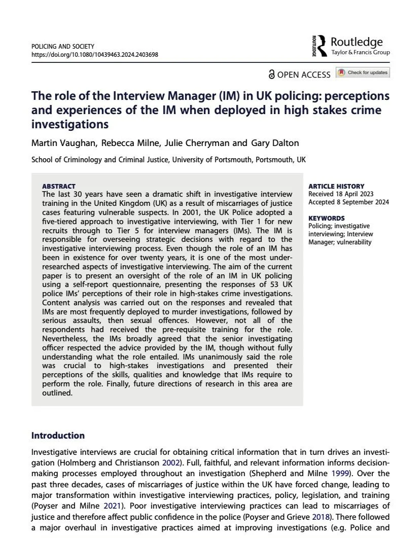 The role of the Interview Manager (IM) in UK policing: Perceptions and experiences of the IM when deployed in high stakes crime investigations
