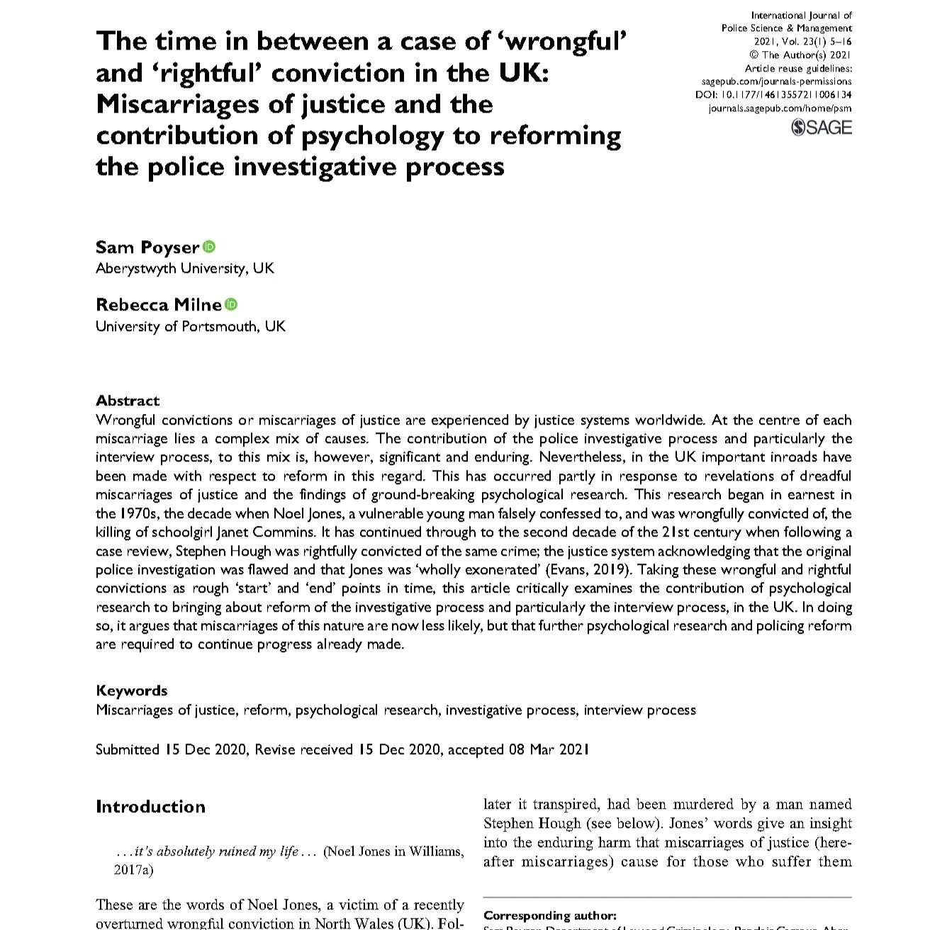 Contribution of Psychology to Reforming the Investigative Process