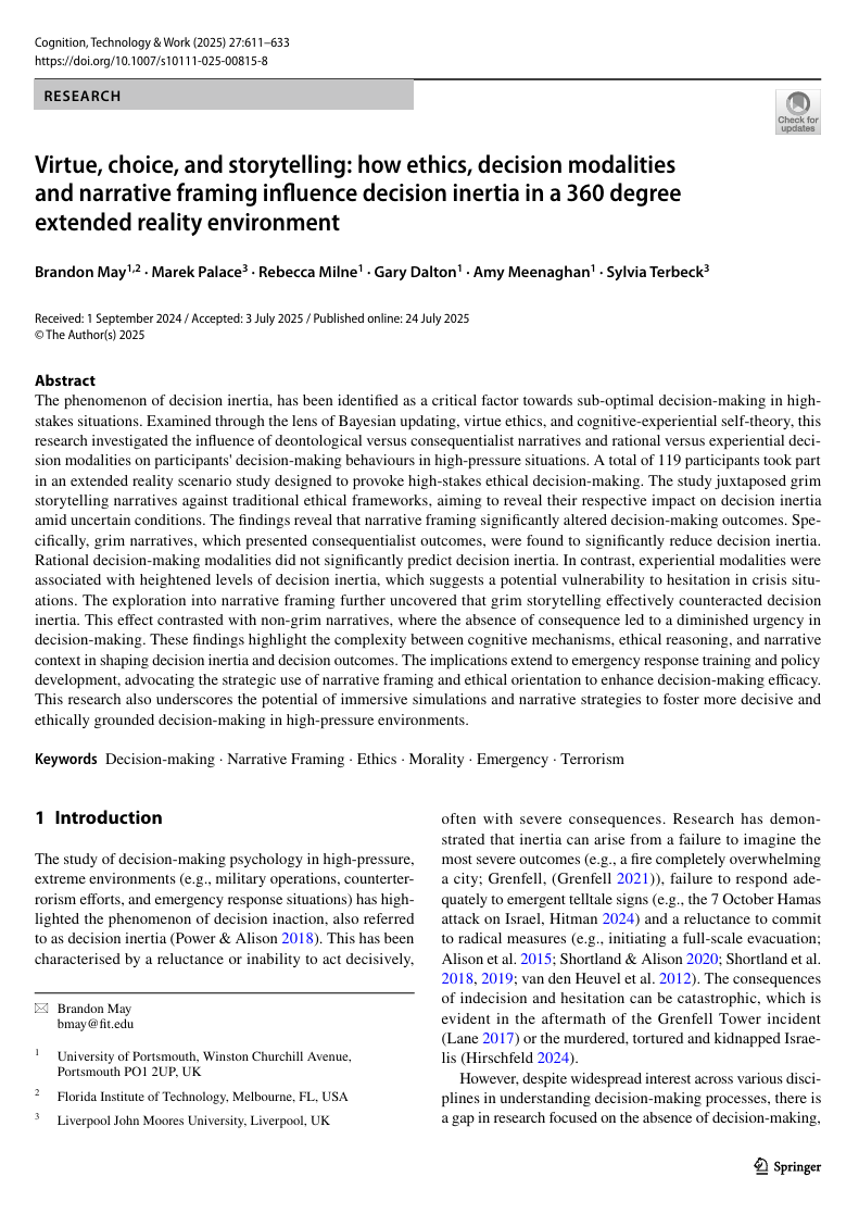 Decision Inertia in 360° XR: Ethics and Narrative Framing