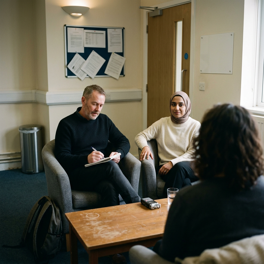 Photograph of three people in a police interview room