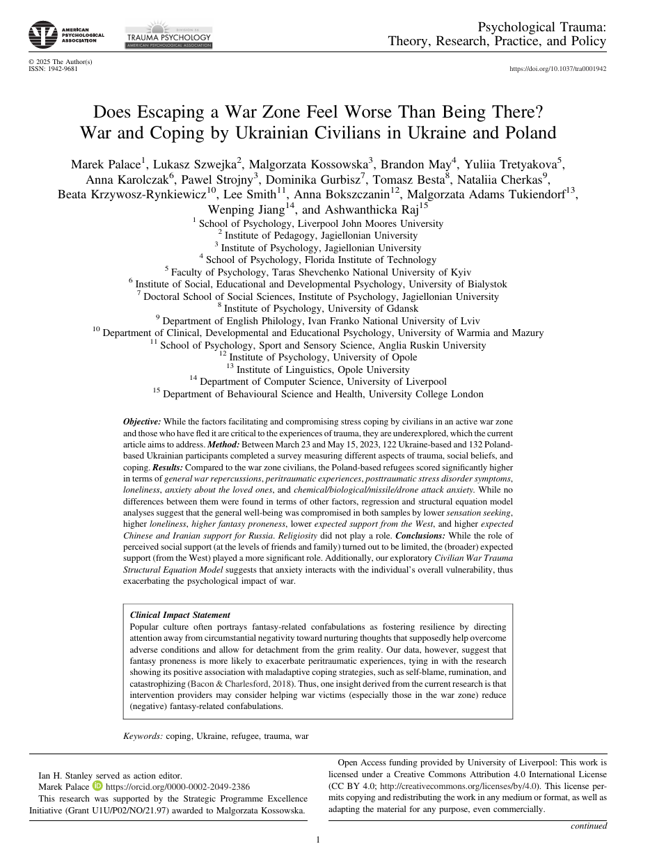 Does escaping a war zone feel worse than being there? War and coping by Ukrainian civilians in Ukraine and Poland