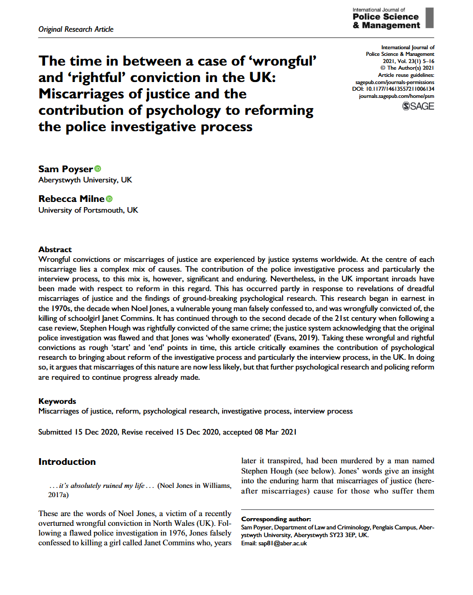 The time in between a case of ‘wrongful’ and ‘rightful’ conviction in the UK: Miscarriages of justice and the contribution of psychology to reforming the police investigative process