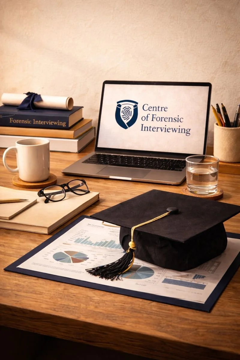 A desk with a laptop, books, papers, and a graduation cap.