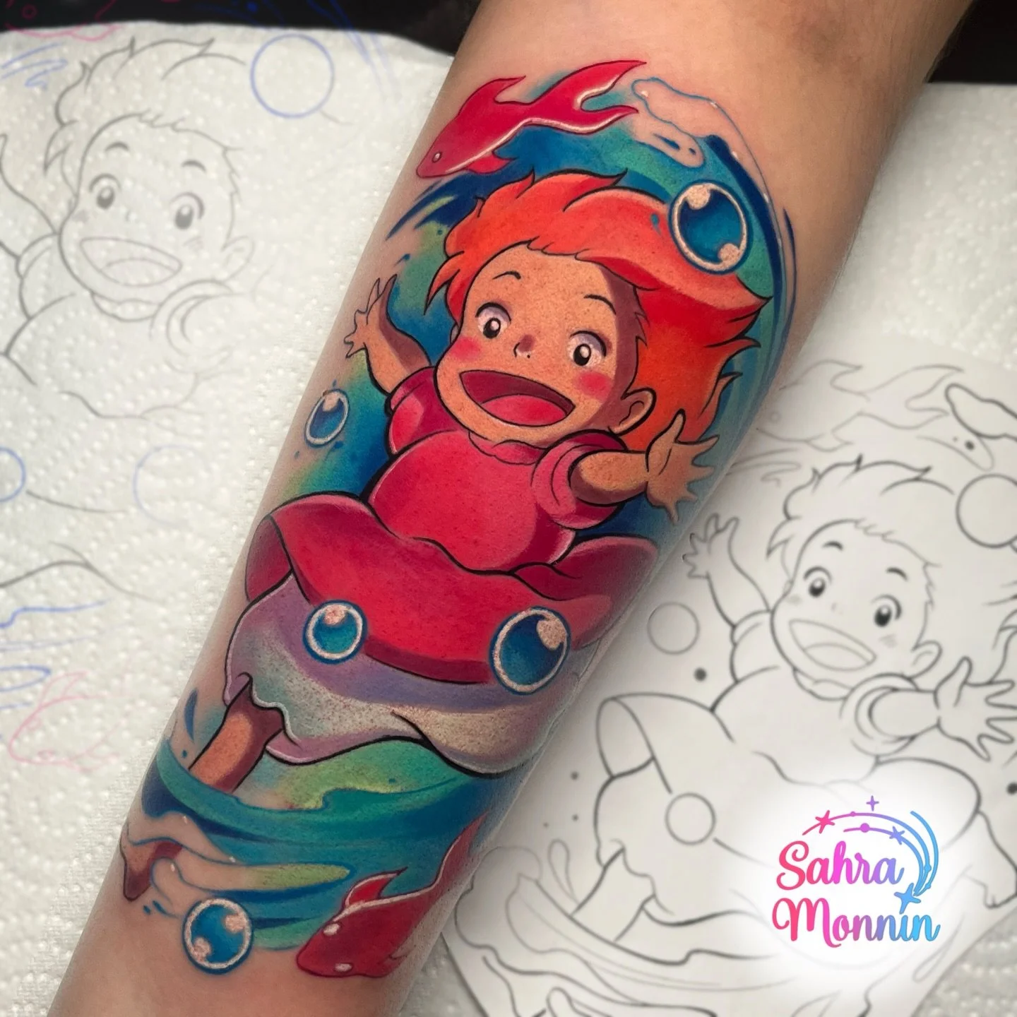 Ponyo tattoo by guest artist @sahramonnintattoo 🥰 Sahra will be with us in August, don&rsquo;t miss out! 💫