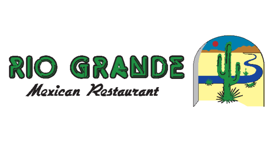 Logo for Rio Grande Mexican Restaurant featuring a desert scene with a cactus, mountains, and a river.