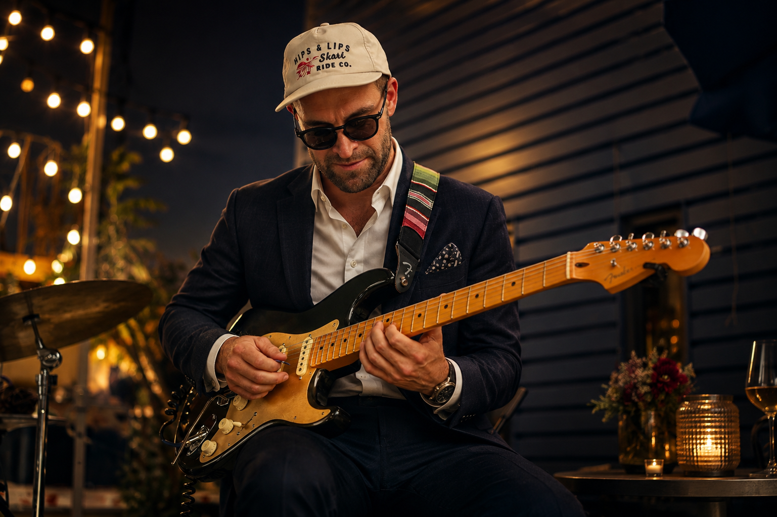A man wearing sunglasses, a white cap, a dark blazer, and a white shirt playing an electric guitar at a nighttime outdoor event with string lights and a flower arrangement on a table nearby.