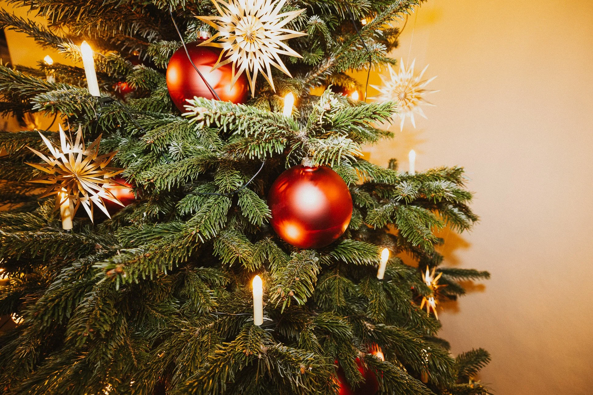 Detailaufnahme eines geschmückten Weihnachtsbaums während der Winterhochzeit im Klostergut Besselich.
