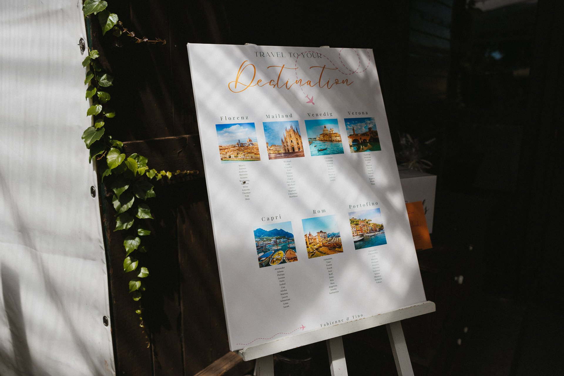 Sitzplan der Hochzeit von Fabienne und Tino als dekoratives Detail.