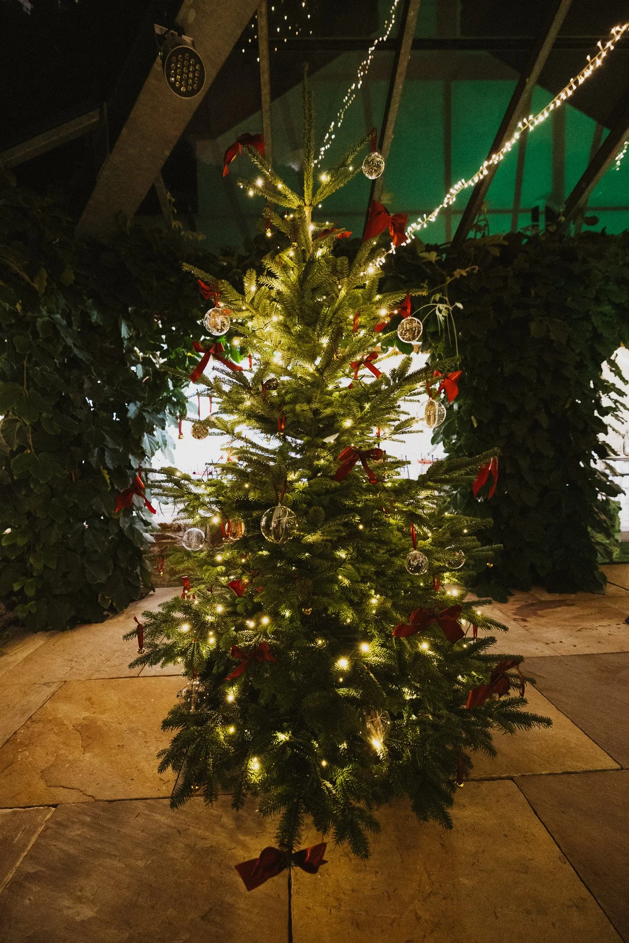Beleuchteter Weihnachtsbaum als stimmungsvolles Detail während der Hochzeitsfeier im Klostergut Besselich.
