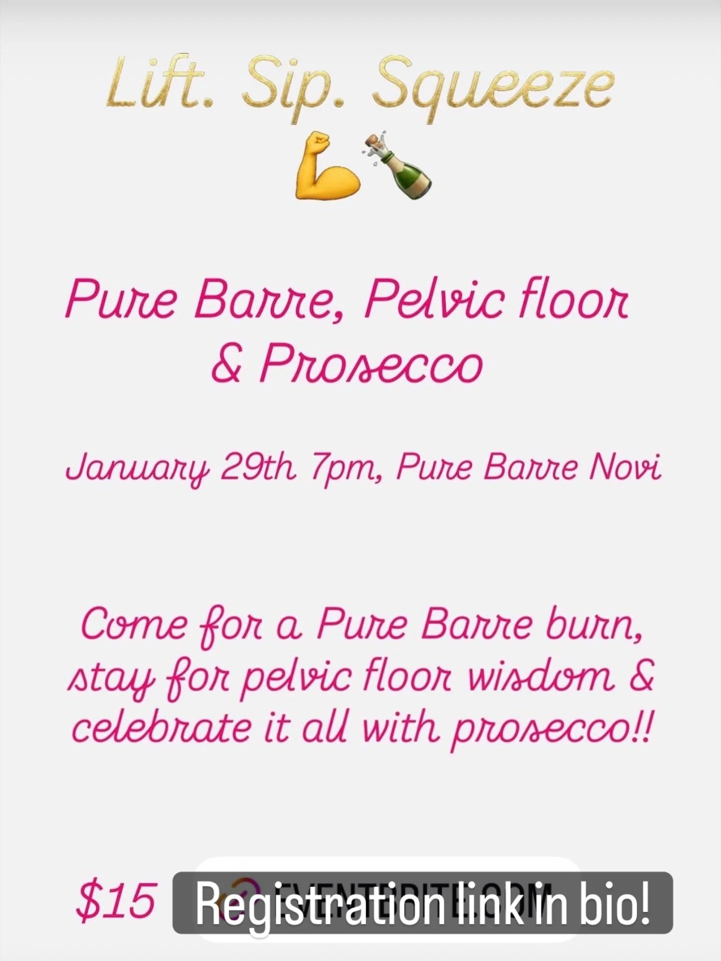 Join @beyond_birthing_associates and @timeformewellness at Pure Barre, Novi on Jan 29th!  Space is limited!!! Register now! 
Pure Barre, Pelvic Floor &amp; Prosecco https://www.eventbrite.com/e/pure-barre-pelvic-floor-prosecco-tickets-1979474267821?u