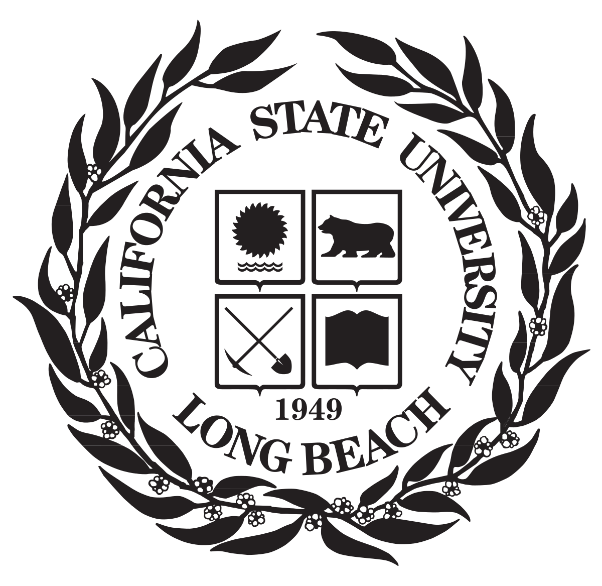 Seal of California State University, Long Beach, with text encircling four shield icons and a laurel wreath.