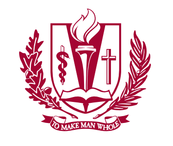 Religious emblem with a torch, caduceus, cross, and open book, surrounded by laurel branches, and a banner reading 'To Make Man Whole'.