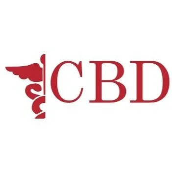 Logo with a caduceus symbol and the letters 'CBD' in red.
