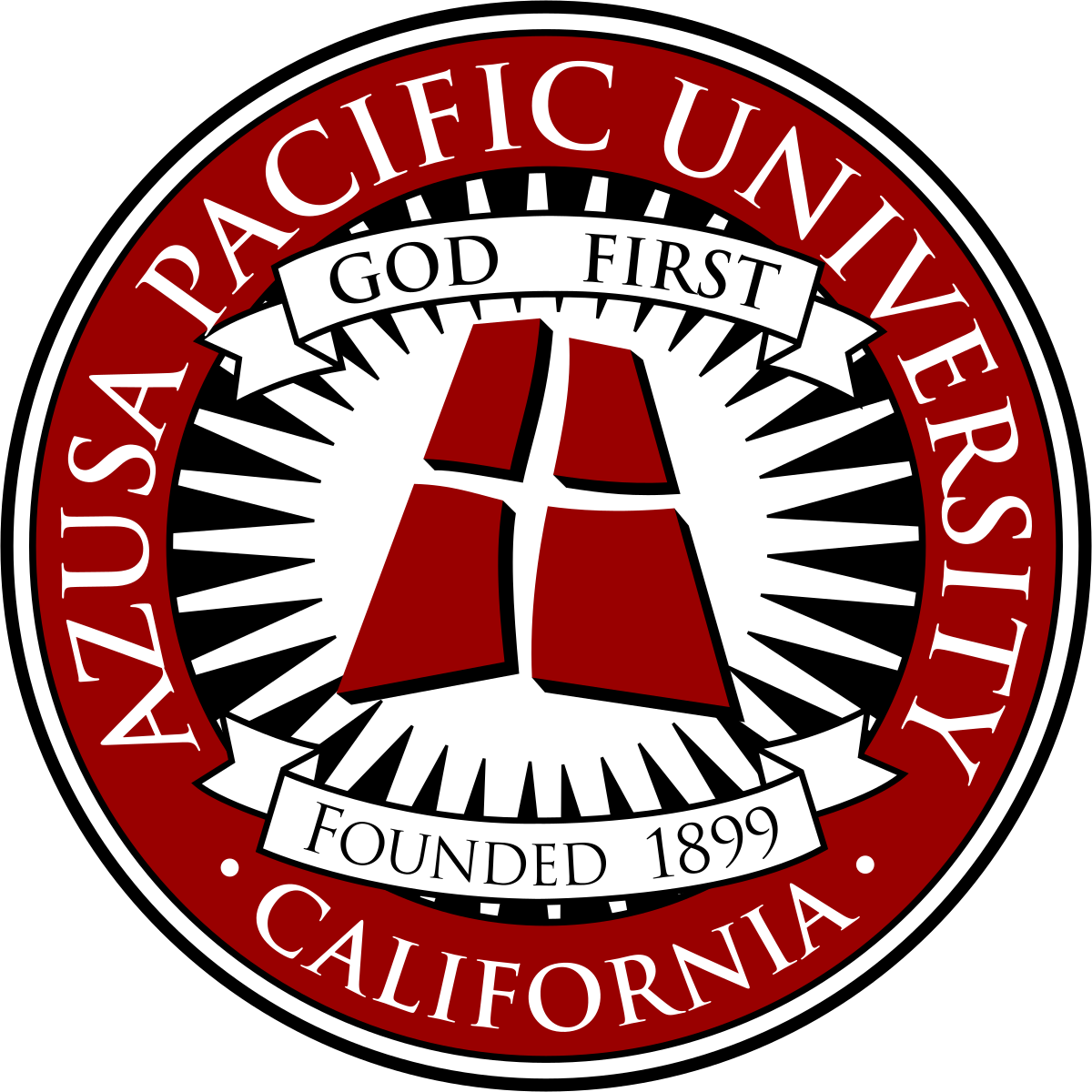 Seal of Azusa Pacific University, California, featuring a red and black color scheme with a ribbon banner reading 'God First,' the university's founding year 1899, and a stylized emblem at the center.