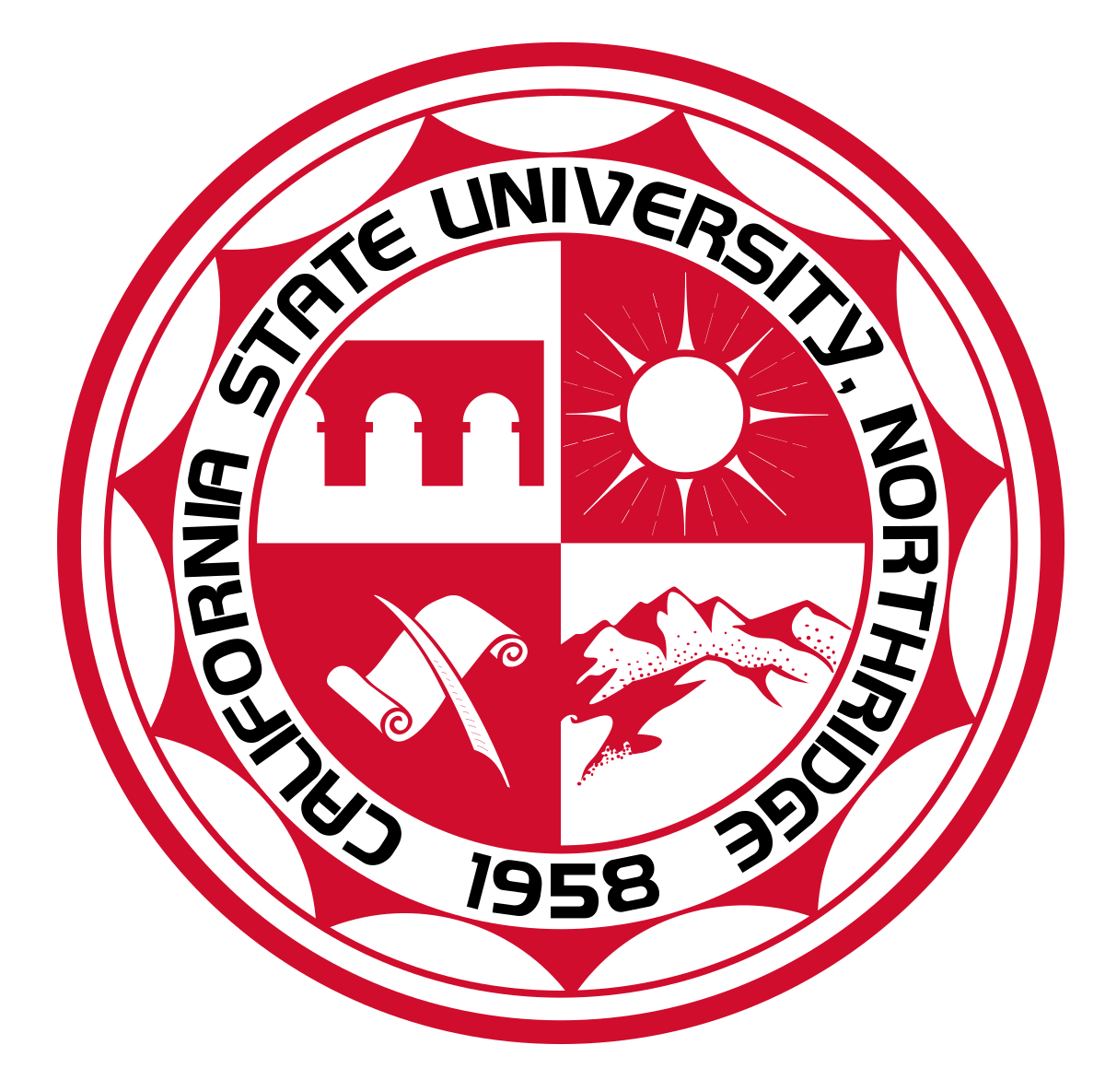 Seal of California State University, North Ridge, established in 1958, featuring a red and white design with a bridge, sun, scroll, and mountains.