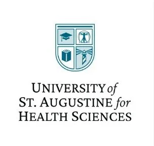 University of St. Augustine for Health Sciences logo with shield containing a mortarboard, stethoscope, open book, and caduceus symbol.