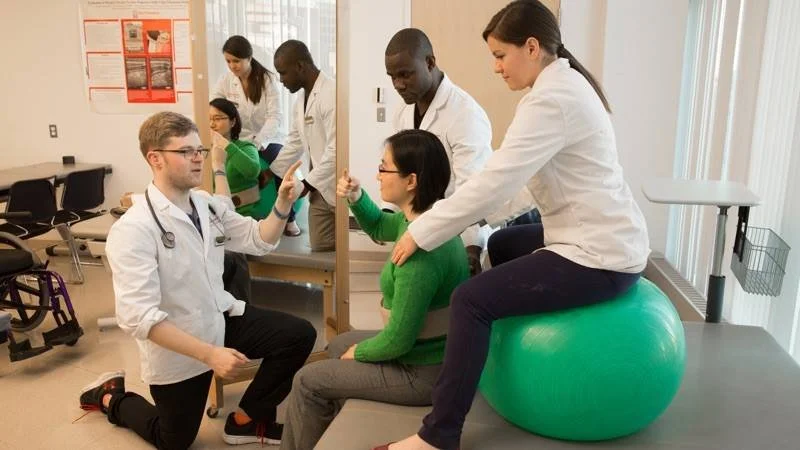 Medical professionals and patients in a clinic, with one woman sitting on an exercise ball being examined by a nurse and a doctor taking notes.