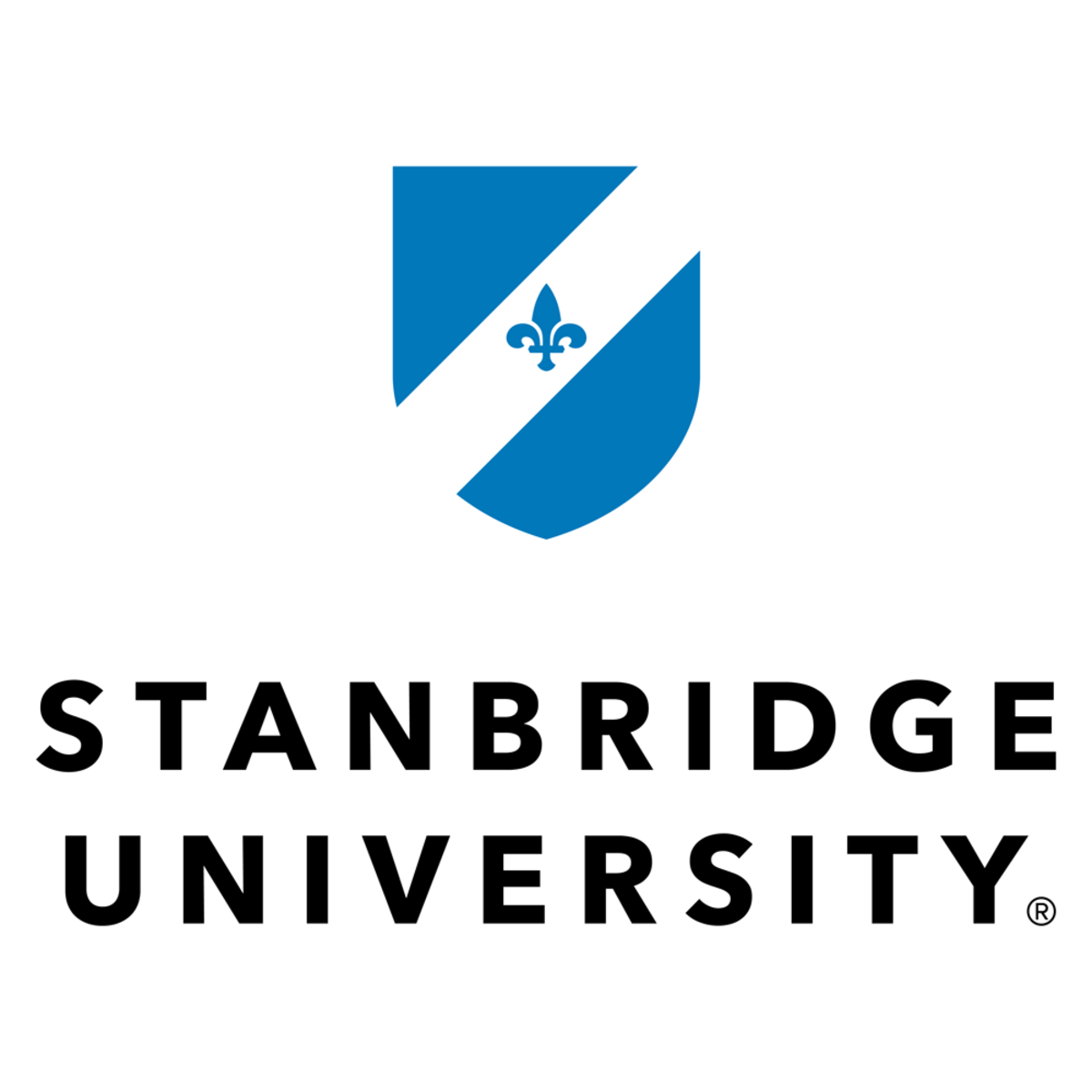 Logo of Stanbridge University featuring a blue shield with a fleur-de-lis symbol and the university name in black text.