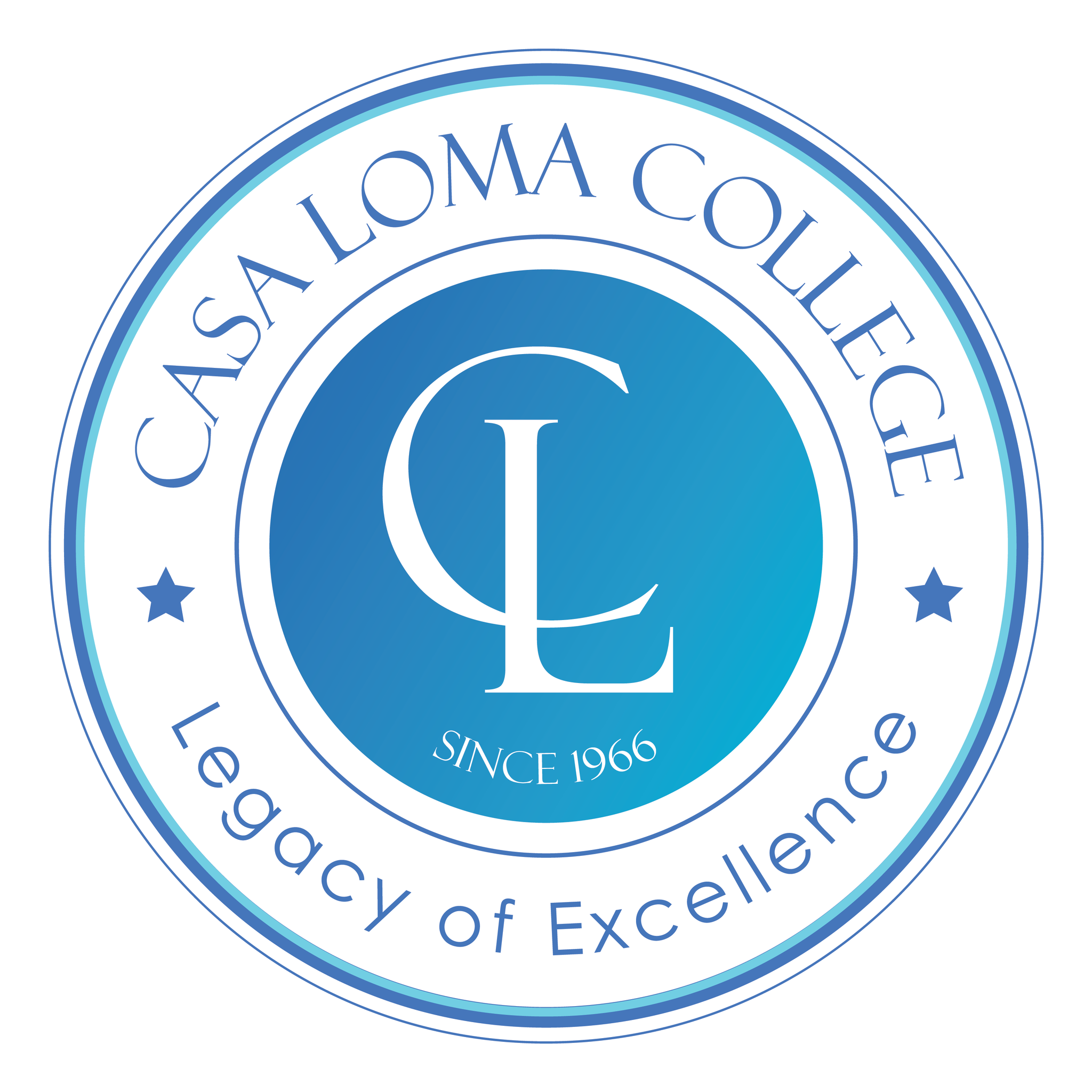 Logo of CASA Los Angeles College featuring a blue circle with initials 'CLE', the college's name, tagline 'Legacy of Excellence', and founding year 1966.