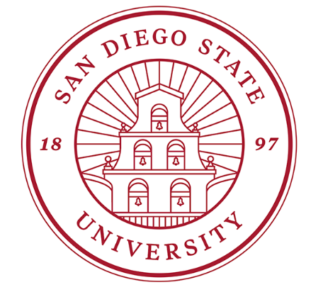 San Diego State University logo with a building in the center, surrounded by the text 'San Diego State University 1897' in a circular pattern.