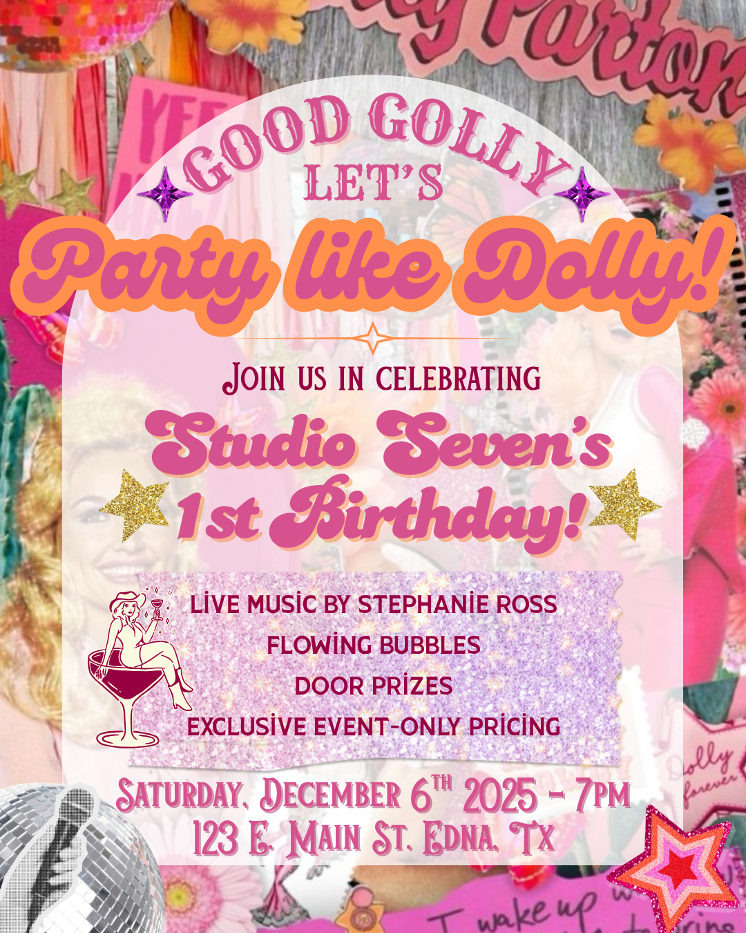 A colorful birthday invitation with a pink background, celebrating Studio Seven's first birthday with text about music, bubbles, and door prizes. It features decorative stars, glitter, and a vintage microphone.