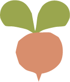 A cartoon-style drawing of a turnip with green leaves on top and a round, brownish root in the middle.