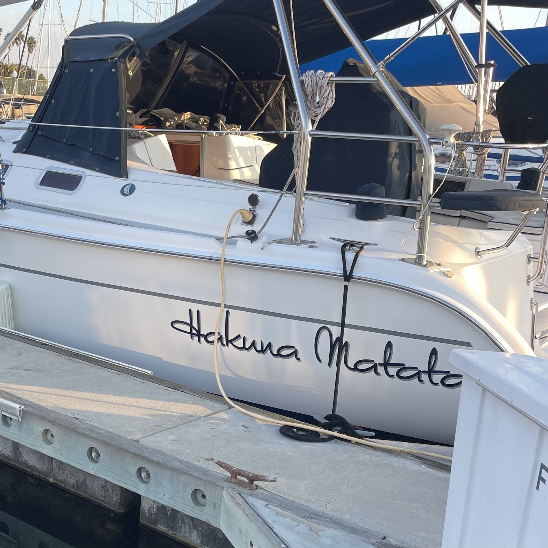 Side view of a sailboat named Hakuna Matata docked at a marina.