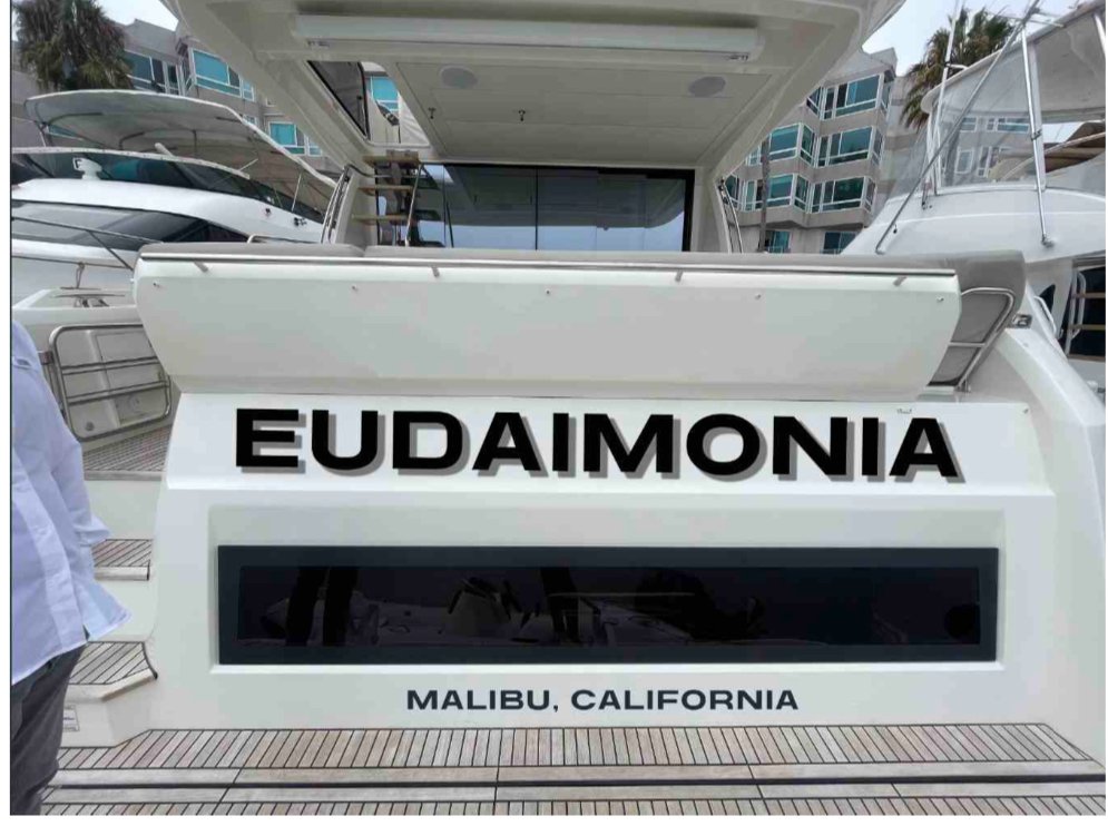 Back of a yacht named Eudaimonia, docked in Malibu, California.