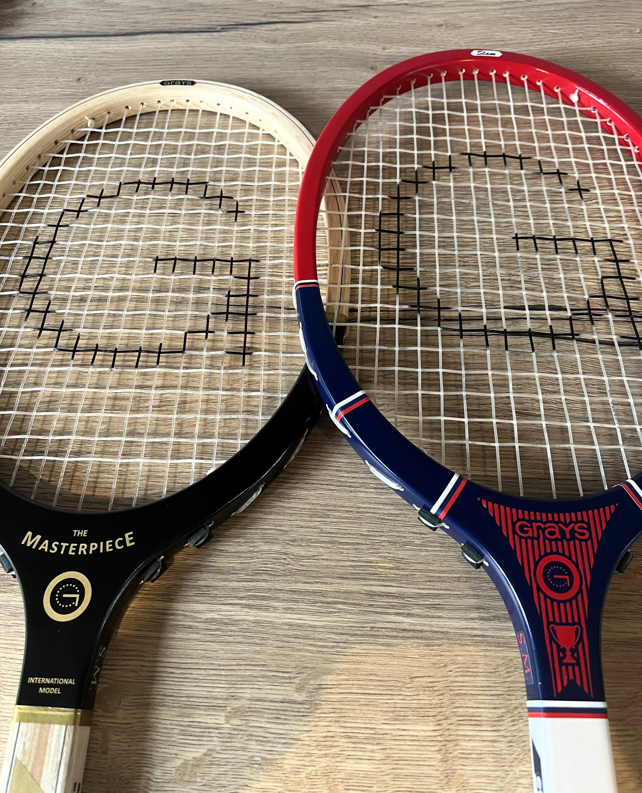 Two rackets side by side showing stringing