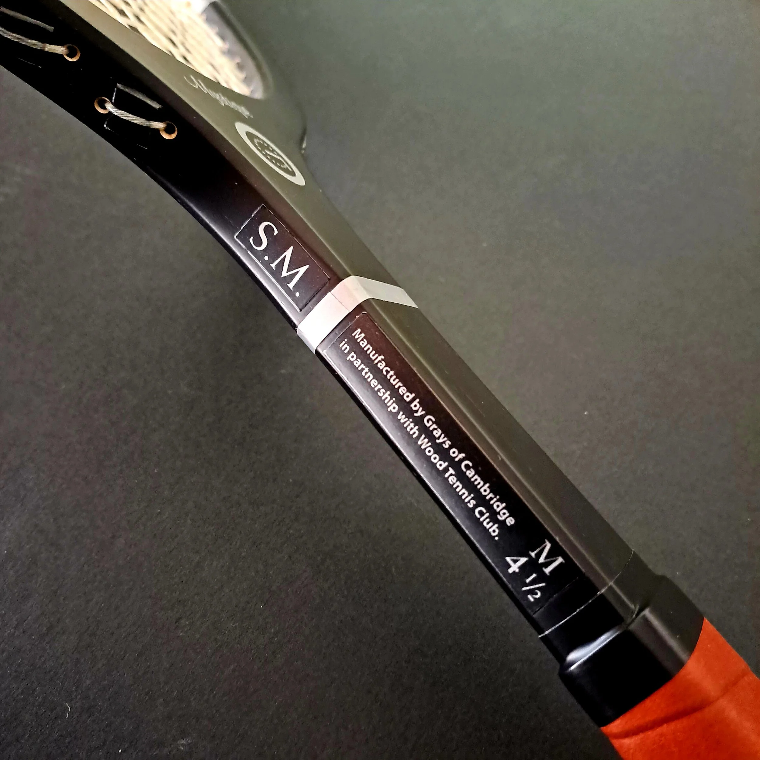 Close-up of Grays Mystique shaft side showing label, sizes and initials.
